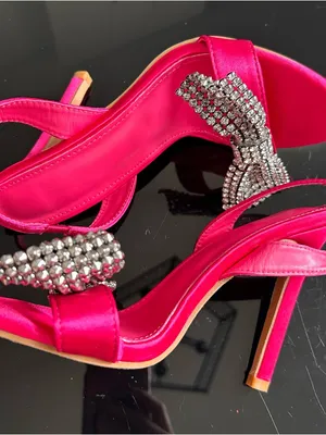 Women’s Hot Pink Satin Slingback Sandals with Crystal Bow thumbnail 3