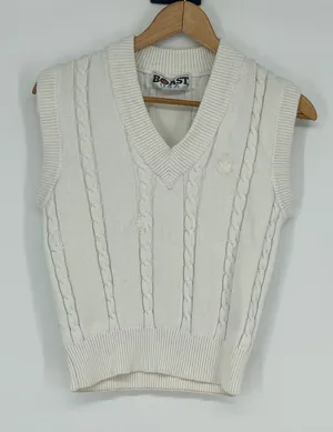 Vintage BOAST USA‎ Cream Cable Knit V Neck Sleeveless Vest Sweater Top Women's S thumbnail 1