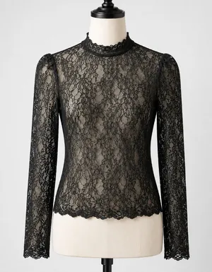 Intimately Free People Black Sheer Lace Mock Neck Long Sleeve Top M Goth thumbnail 1