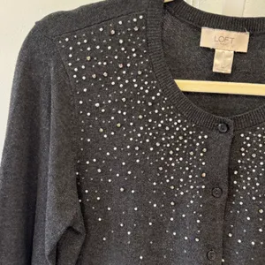 Loft Outlet Gray Rhinestone Embellished Cotton Cardigan Sweater Medium Holiday thumbnail 4