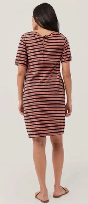 Pact Women's Size M Harvest Stripe Avery Dress‎ Organic Cotton Twist Back Earthy thumbnail 1