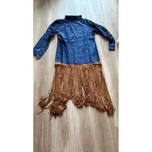Set sunglasses & Blue Chambray Shirt Dress with Brown Faux Suede Fringe Hem - M thumbnail 11