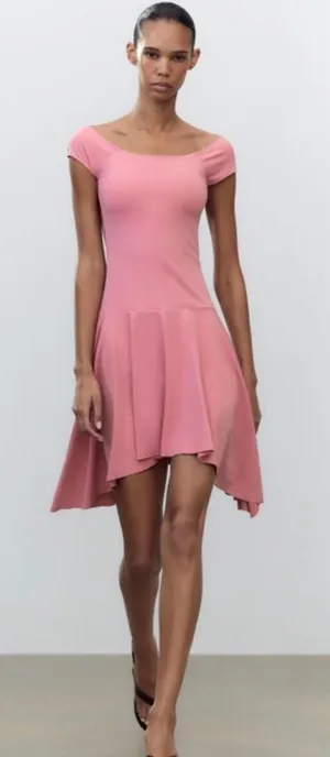 Zara Dusty Pink Asymmetrical Off-Shoulder Dress thumbnail 1