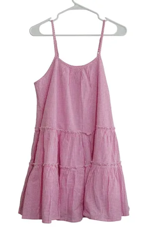 Maisie Pink Gingham‎ Tiered Mini Dress Cotton Babydoll Ruffle Trim NWT Size M thumbnail 1