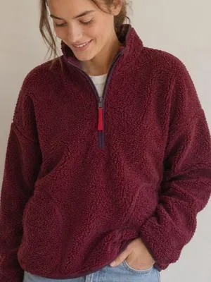 Old Navy Women's Teddy Half-Zip Jacket in Deep Burgundy thumbnail 1