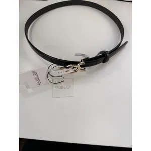 Rachel Zoe‎ Black Leather Belt High Shine Gold Interlocking Chain Link L NWT thumbnail 2
