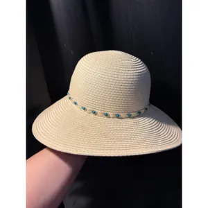 Woven Paper Straw Sun Hat Turquoise Bead Accent Split‎ Back Wide Brim Tan OSFM thumbnail 6