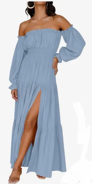 NEW Blue Off Shoulder Split Flowy Wedding Guest Maxi Dress M 8/10 thumbnail 1