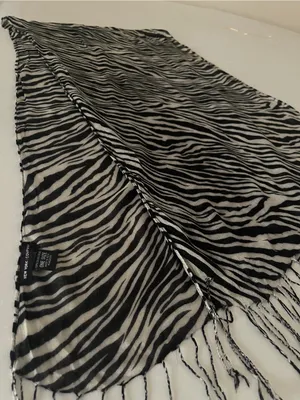 New York & Company Black and White Zebra-Striped Fringe Scarf thumbnail 2