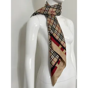 Vintage Plaid Square Scarf Tan Red Black Check Head Neck Wrap Equestrian Buckle thumbnail 3