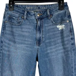 American Eagle SZ 4 LONG Mom Jeans Hi-Rise Distressed Rip Zip-Fly Whiskered Blue thumbnail 2