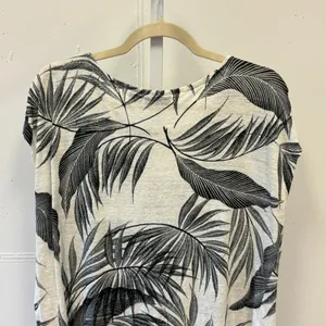 Tahari 100% Linen Tropical Palm Leaf Print Cap Sleeve T-shirt Top Black White XL thumbnail 5