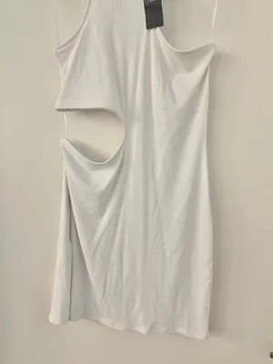 Abercrombie & Fitch Asymmetrical Cut Out Ribbed Bodycon Mini Dress in White NWT thumbnail 5