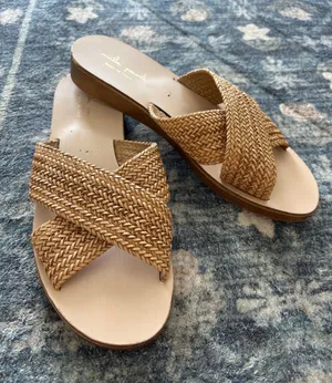 Mila Paoli Raffia Crossover Wood Platform Slide Sandal Size 8/8.5 thumbnail 1