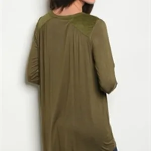 'VERY J' brand Small Olive Roll Button Sleeve Hi-Low Henley Office Blouse thumbnail 2