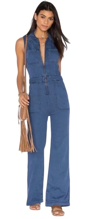 NWT FREE PEOPLE Women’s Wind and More Retro Denim Zip front Jumpsuit thumbnail 1