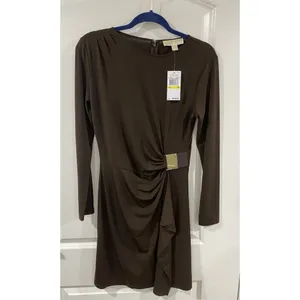 Michael Kors Faux Wrap Dress Brown Gold MK Buckle NWT M thumbnail 12
