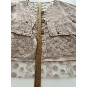 Linen Blouse Jacket Womens XL Blush Pink Lace Detail Boho Fairy Whimsy Coquette thumbnail 7