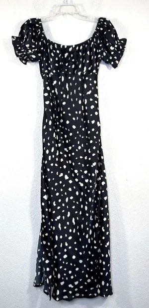 Petal & Pup Off the Shoulder Polka Dot Midi Dress 4 Black White Puff Sleeve Slit thumbnail 5