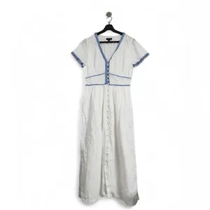 J.Crew White 100% Linen Embroidered Midi Dress Blue Ric Rac Button Front Size 2 thumbnail 5
