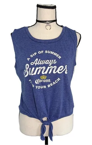 Corona "Always Summer" Sleeveless Tie-Front Tank Top | XL Blue Graphic Tee thumbnail 1