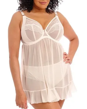Elomi 36DDD Priya Babydoll Chemise Lace Mesh Ruffle Crystal Ivory EL4551VAA thumbnail 1