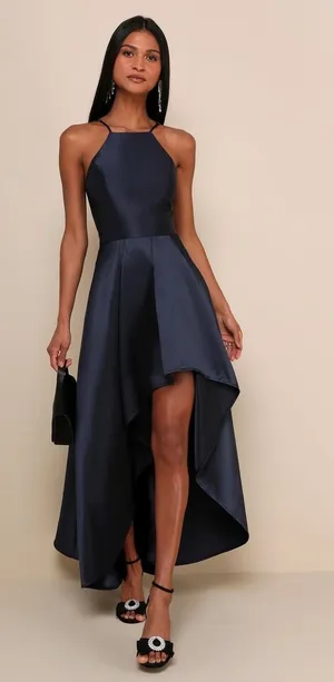 NWOT Lulus Broadway Show Navy Blue High-Low Gown Red Carpet Prom Banquet Size M thumbnail 1