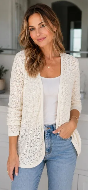 Ann Taylor Cardigan Women XL Cream Open Front Crochet Knit Pointelle thumbnail 1