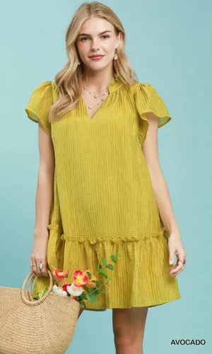 Umgee Textured‎ Ruffle Hem Mini Dress - Avocado - Medium thumbnail 1