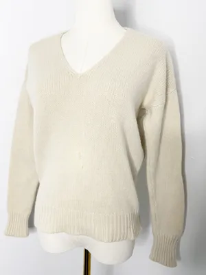 Theory Ivory 100% Cashmere V-Neck Sweater Size P Petite Flawed thumbnail 1