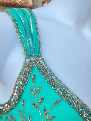 Vintage Stenay Green Gold Beaded Silk Fit & Flare Pleated Midi Dress Size 14 thumbnail 4