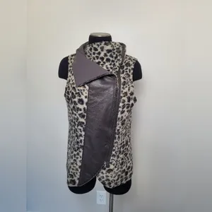 Elaine Kim Fur and Leather Vest Zip Biker Lagenlook Animal Print Size Large thumbnail 2