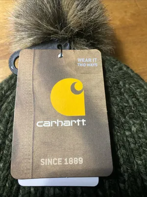 Carhartt Dark Green Knit Beanie with Faux Fur Pom thumbnail 5