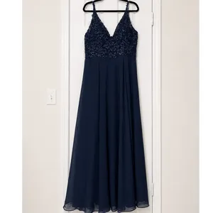 JJs House Navy Lace Chiffon Formal Gown High Slit Adjustable Straps Maxi Dress thumbnail 2