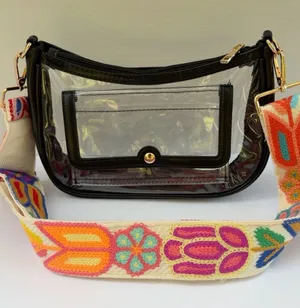 Clear Stadium Crossbody Bag Black Trim Multicolor Embroidered Strap thumbnail 1