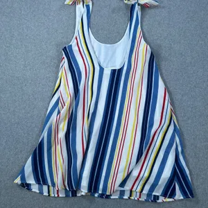 Pants Store Striped Mini Dress Women's Medium Tie Shoulder Scoop Neck Swing Blue thumbnail 7