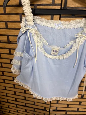 Lee blue and white lace two piece short pajama set size large thumbnail 4