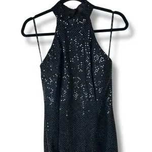 Vintage Roberta Midnight Black VTG Sequin Halter Open Back Sleeveless Maxi Gown thumbnail 3