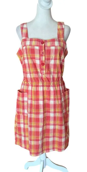 Merrell Cotton Linen Pinafore Sundress Red Yellow Plaid Womens Size Medium thumbnail 1