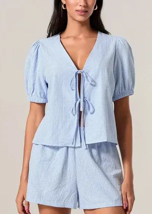 Sky Blue Gingham Puff Sleeve Tie-Front Blouse thumbnail 1