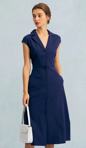 RIHOAS The Navy V Neck Button Cap Sleeve Midi Dress XS 22 thumbnail 1