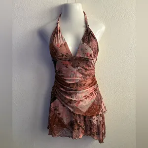 SheIn Y2K Fairytale Floral Halter Boho Backless Rusty Orange Patchwork Mini Dress S thumbnail 3