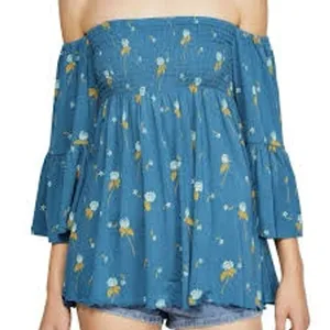 Free People Top Size S Blue Smocked Off-The-Shoulder Floral Bell Sleeve Boho‎ thumbnail 3