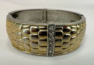 Gold tone rhinestone hinged bangle bracelet thumbnail 1