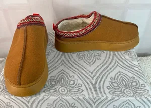 Brown Faux Suede Aztec Embroidered Faux Fur Lined Slip On Platform Clogs Size 41 thumbnail 1