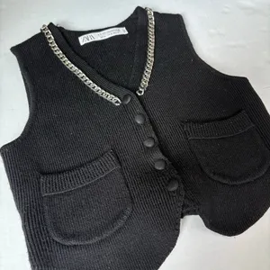 Zara 100% wool chain link neckline knit waist coat vest black XS thumbnail 2