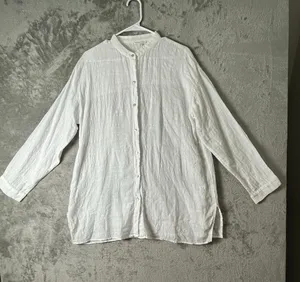 Eileen Fisher Linen Organic Cotton Sheer Check Mandarin Collar Shirt Medium thumbnail 1
