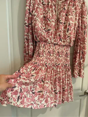 Tie-Neck Smocked Waist Mini Dress Pink Floral Size Medium‎ thumbnail 5