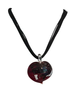 Heart Dichroic Glass Pendant Necklace Black Multi Cord Red Silver Puffy 17" thumbnail 1