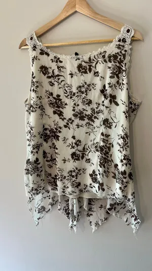 Vintage Y2K Brown Floral Fairy Grunge Hanky Hem Lace Tank Top Large thumbnail 4